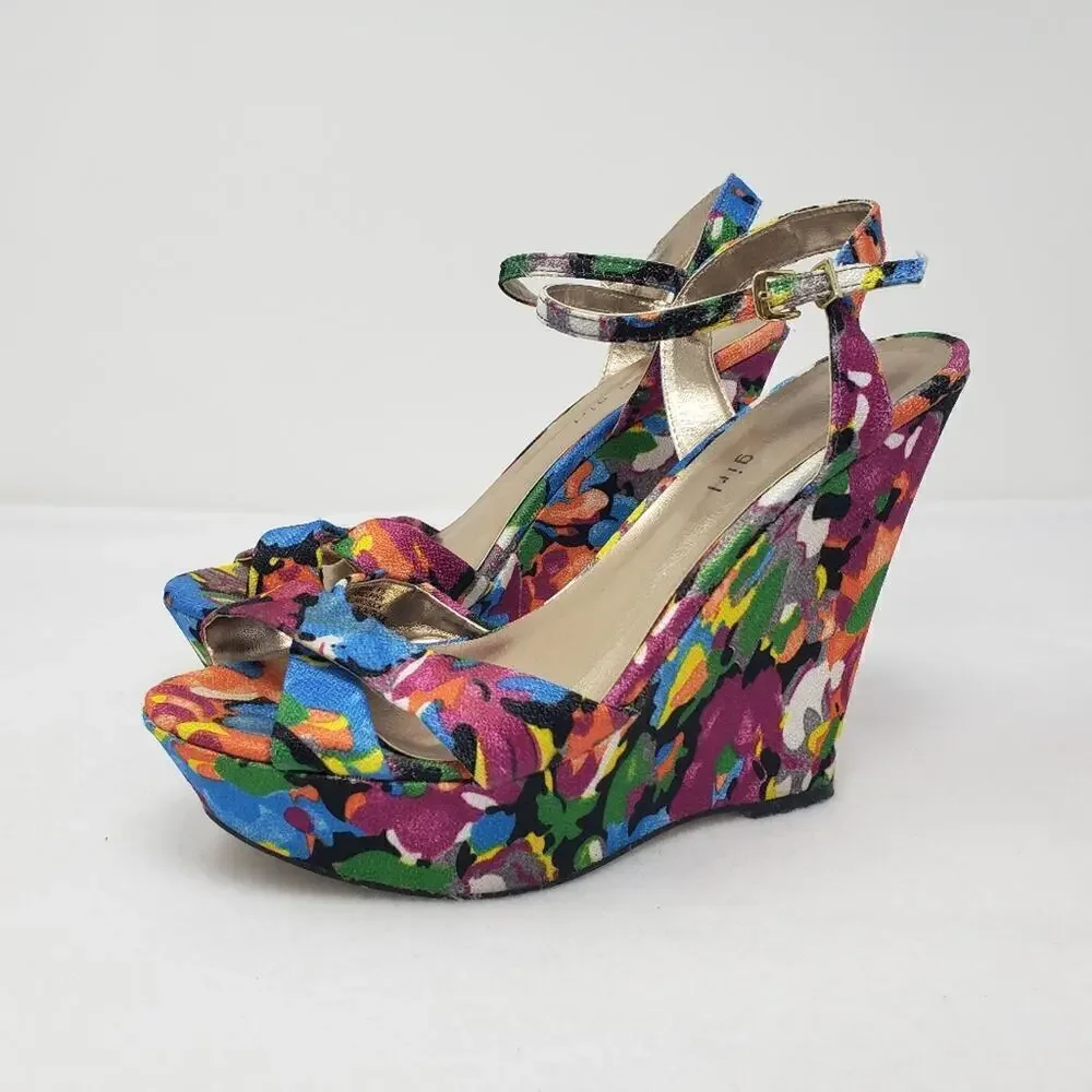 Madden Girl Evonne Mary Jane Watercolor Floral Sandal Wedge Heels 8.5